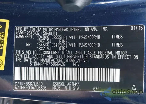 2015 Toyota Highlander Xle from USA, damaged, VIN 5TDKKRFH7FS066426
